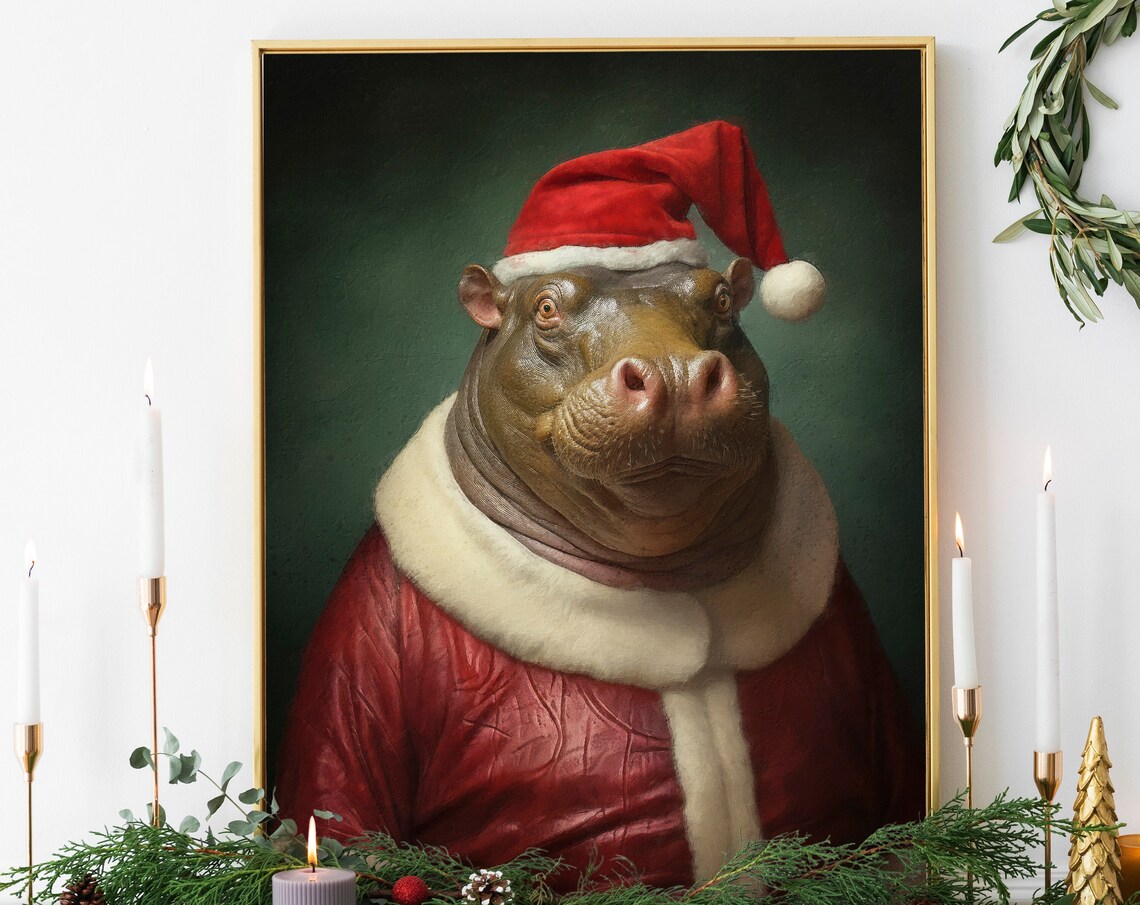 Christmas Hippo Vintage Portrait Art Print