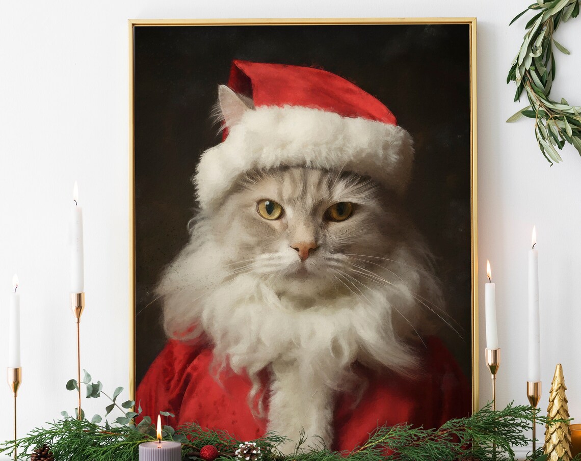 Christmas Cat Vintage Portrait, Holiday Art Print
