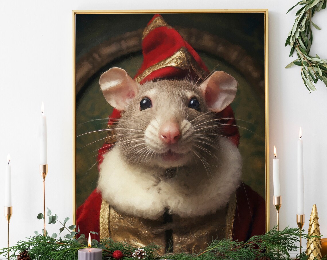 Christmas Mouse Vintage Portrait Santa Hat Festive Animal Poster
