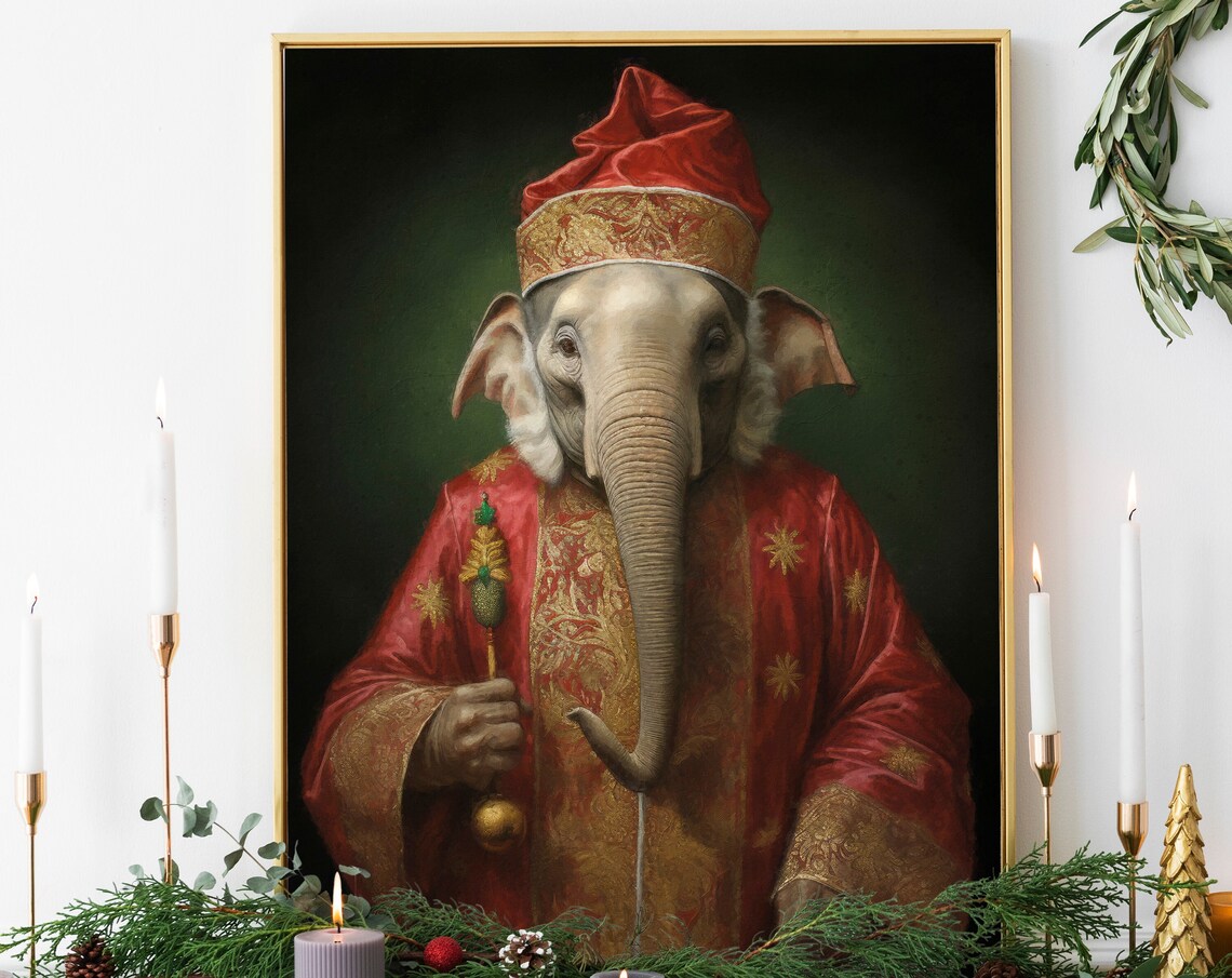 Christmas Elephant Vintage Portrait Art Print