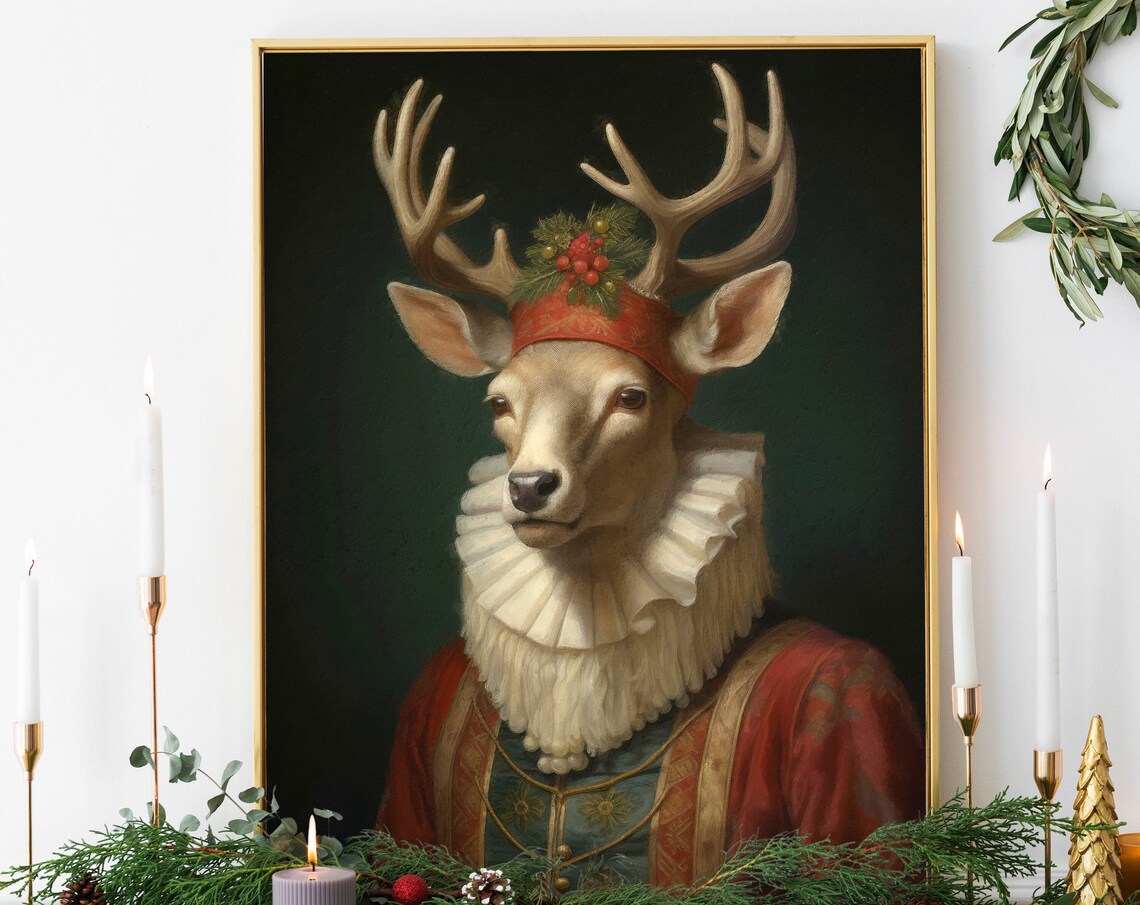 Christmas Reindeer Vintage Portrait Art Print