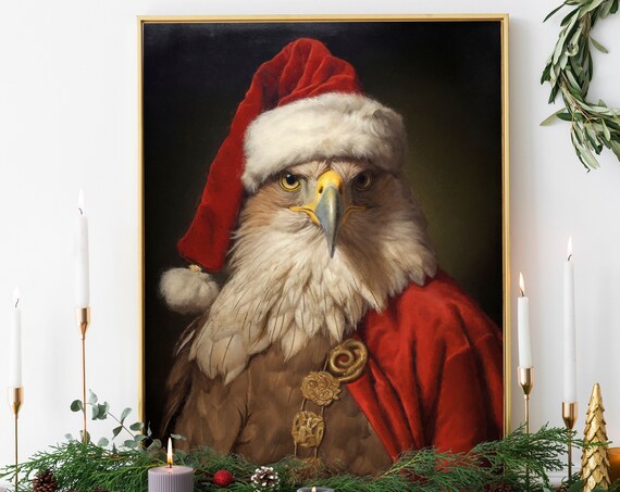 Christmas Eagle Vintage Portrait Santa Hat Festive Bird Poster