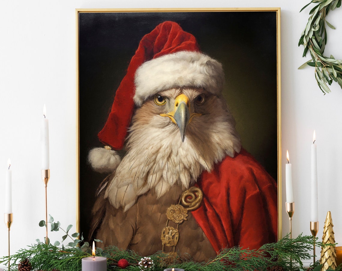Christmas Eagle Vintage Portrait Santa Hat Festive Bird Poster