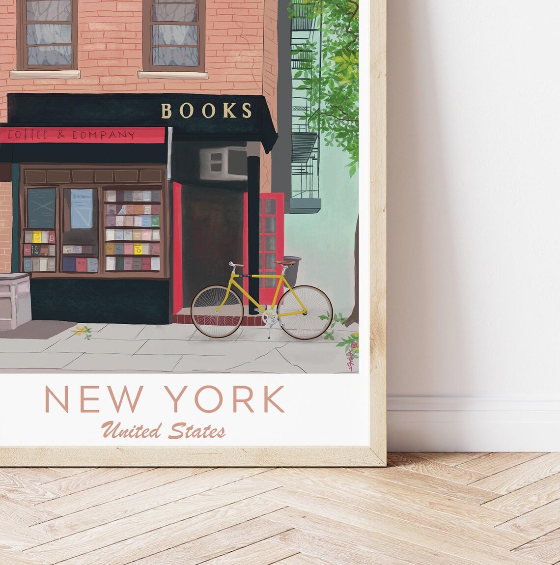New York Bookshop Coffee and Company Yellow Bicycle Brownstone Poster - Image 3
