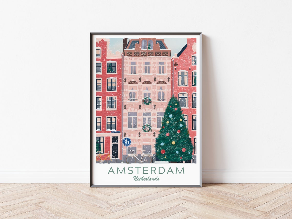Amsterdam Netherlands Christmas Canals Bikes Holiday Tree Poster - Image 4