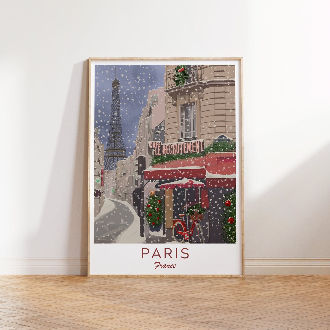 Paris France Christmas Snow Eiffel Tower Cozy Cafe Holiday Poster - Image 3