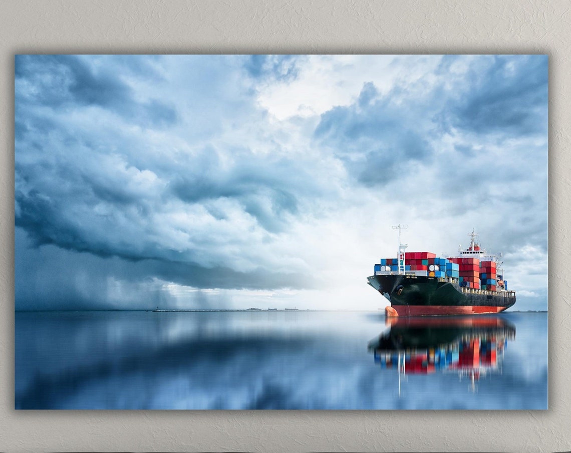 Container Cargo Ship Storm Clouds Calm Sea Reflection Photo Poster