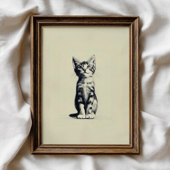 Tabby Kitten Sitting Pretty Adorable Pencil Portrait Art Print