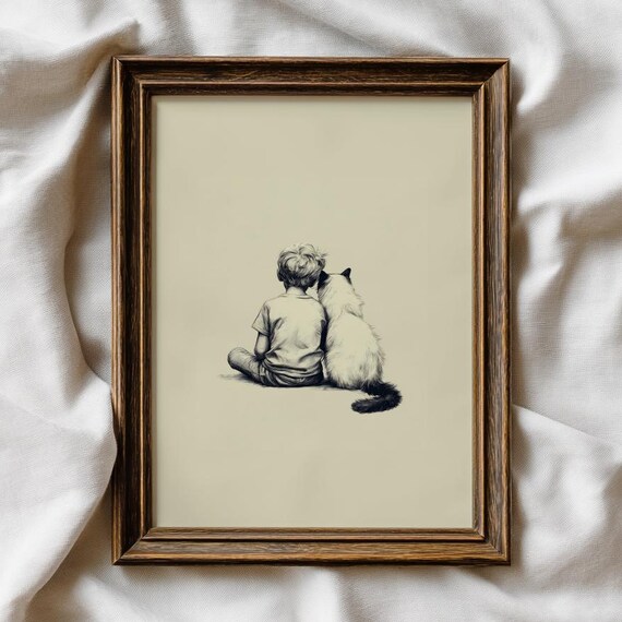 Boy and Ragdoll Cat Best Friends Forever Sweet Pencil Sketch Print
