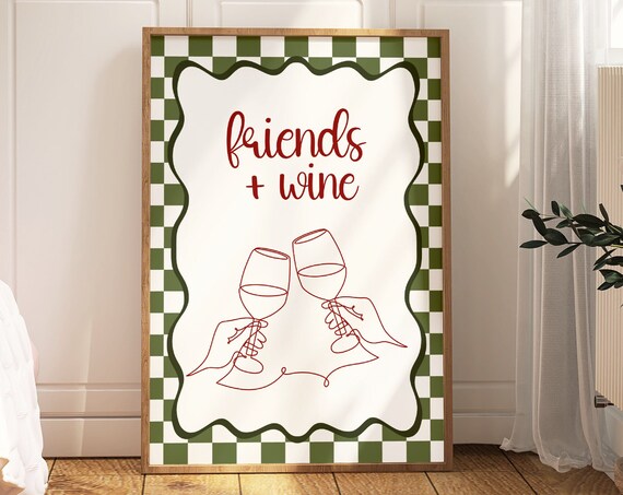 Friends And Wine Cheers Line Art Retro Kitchen Dining Room Poster