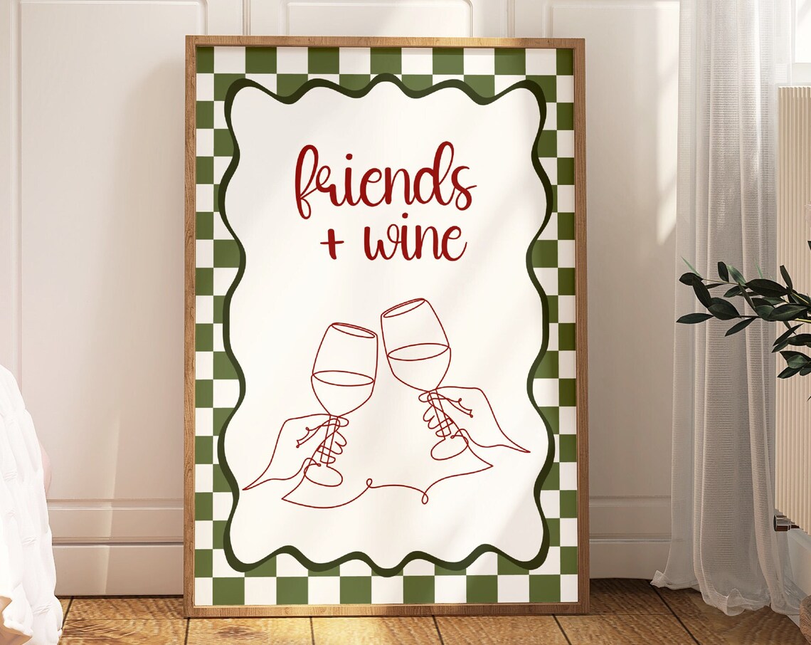 Friends And Wine Cheers Line Art Retro Kitchen Dining Room Poster