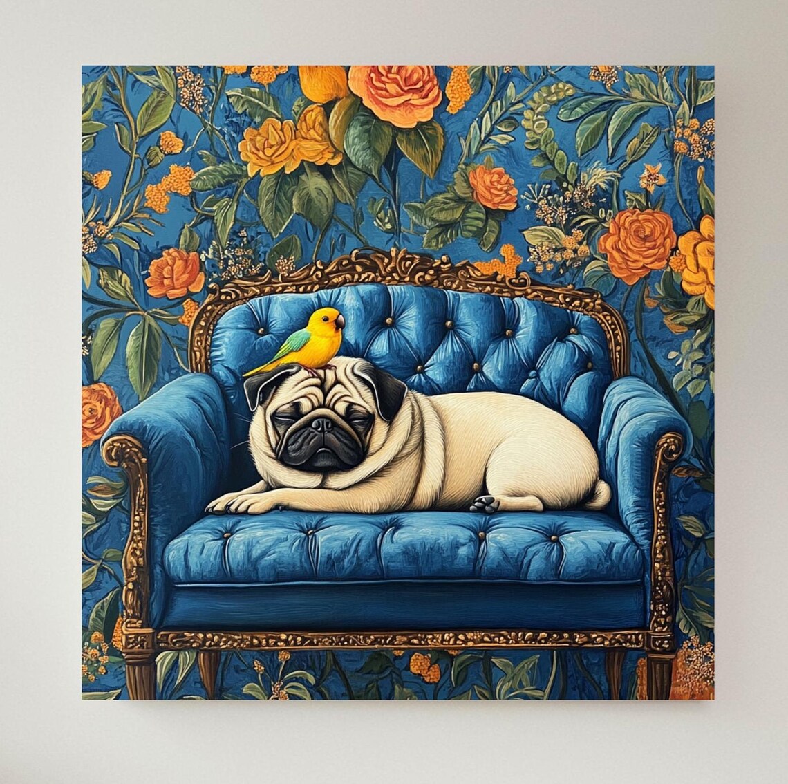 Sleeping Pug, Maximalist Floral Background Poster