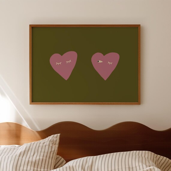 Purple Hearts Poster Playful Minimalist Sleepy Eyes Cute Decor Art