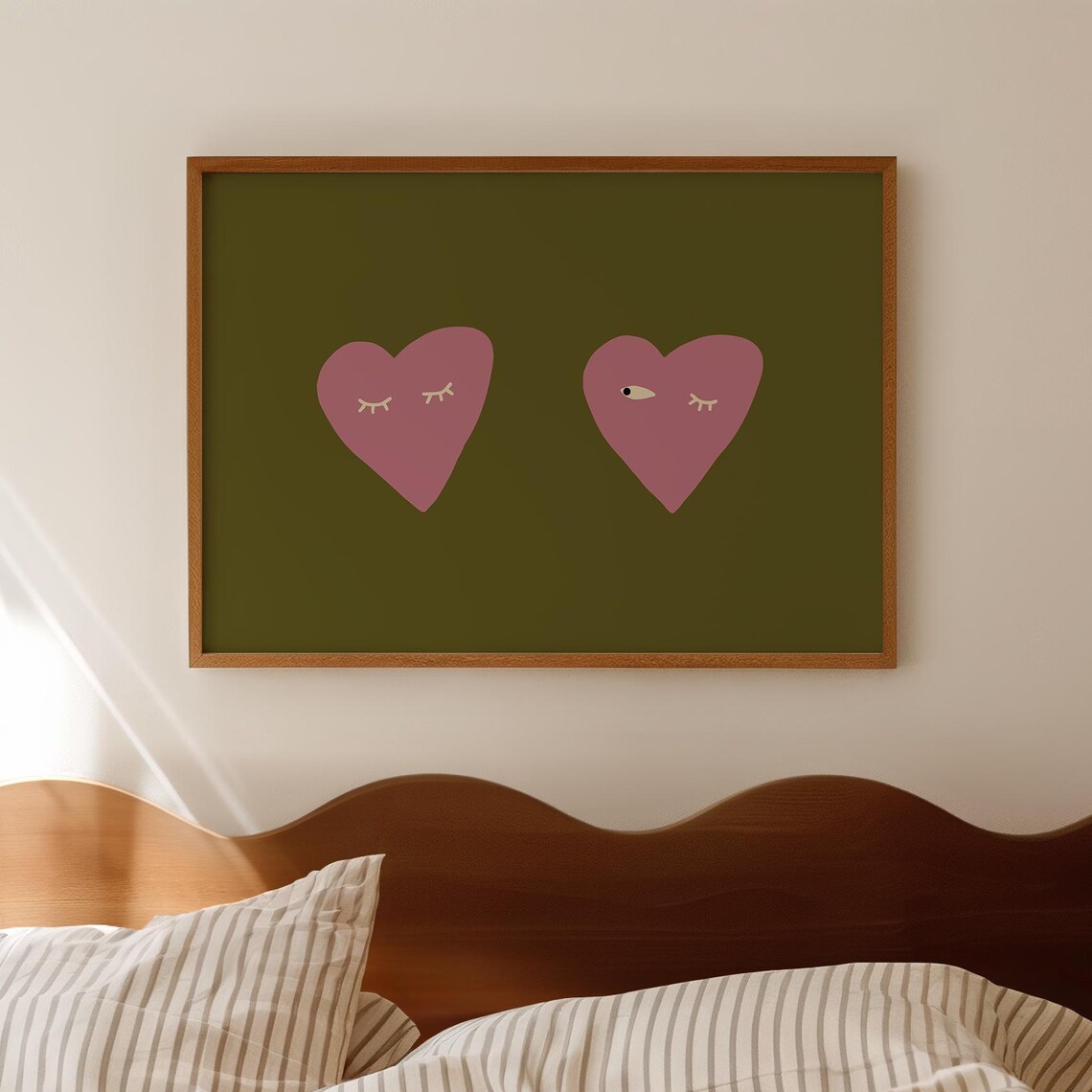 Purple Hearts Poster Playful Minimalist Sleepy Eyes Cute Decor Art