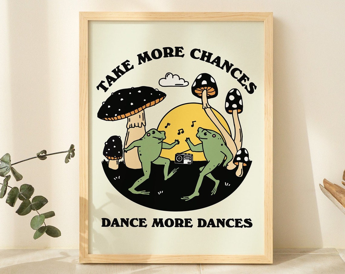 Dancing Frog Wall Print Retro Mushroom Poster 70s Print Mid Century Positive Quote Cute Wall Print Toad And Frog