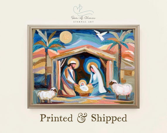 Modern Abstract Nativity Scene Print Colorful Christian Wall Art