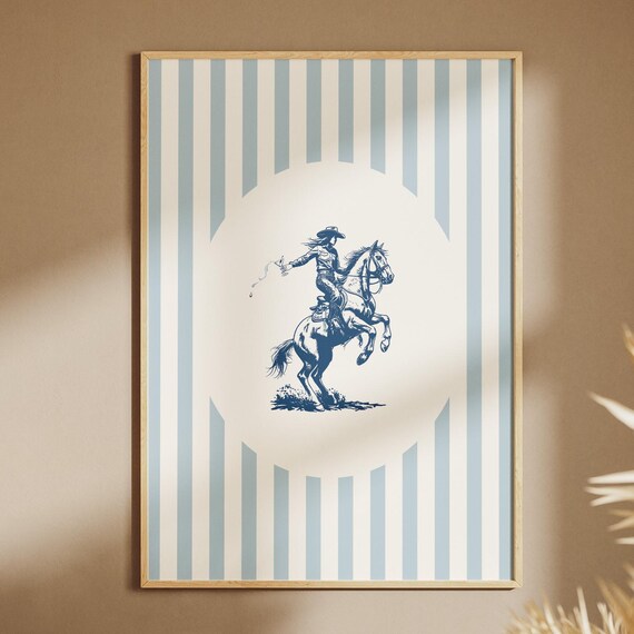 Light Blue Striped Western Cowgirl Poster, Vintage