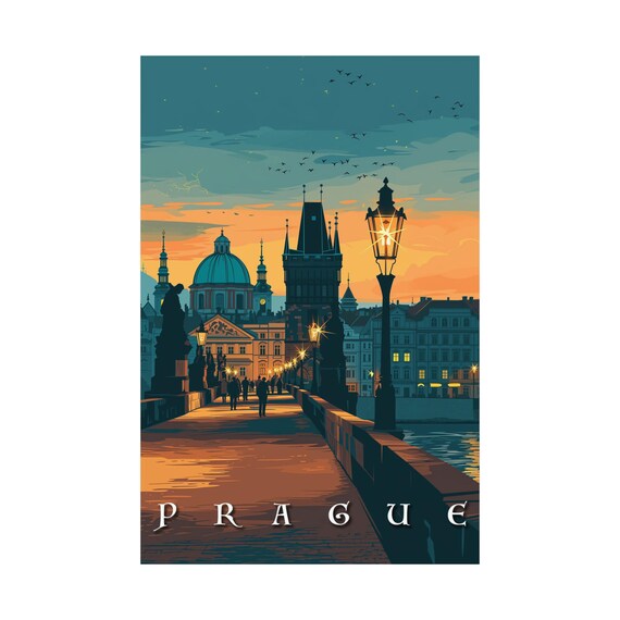 Prague Charles Bridge Sunset Old Town Lanterns Vintage Travel Poster