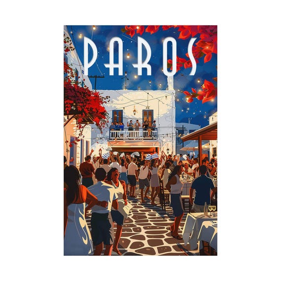 Paros Island Art Print Greek Travel Poster Festive Celebration