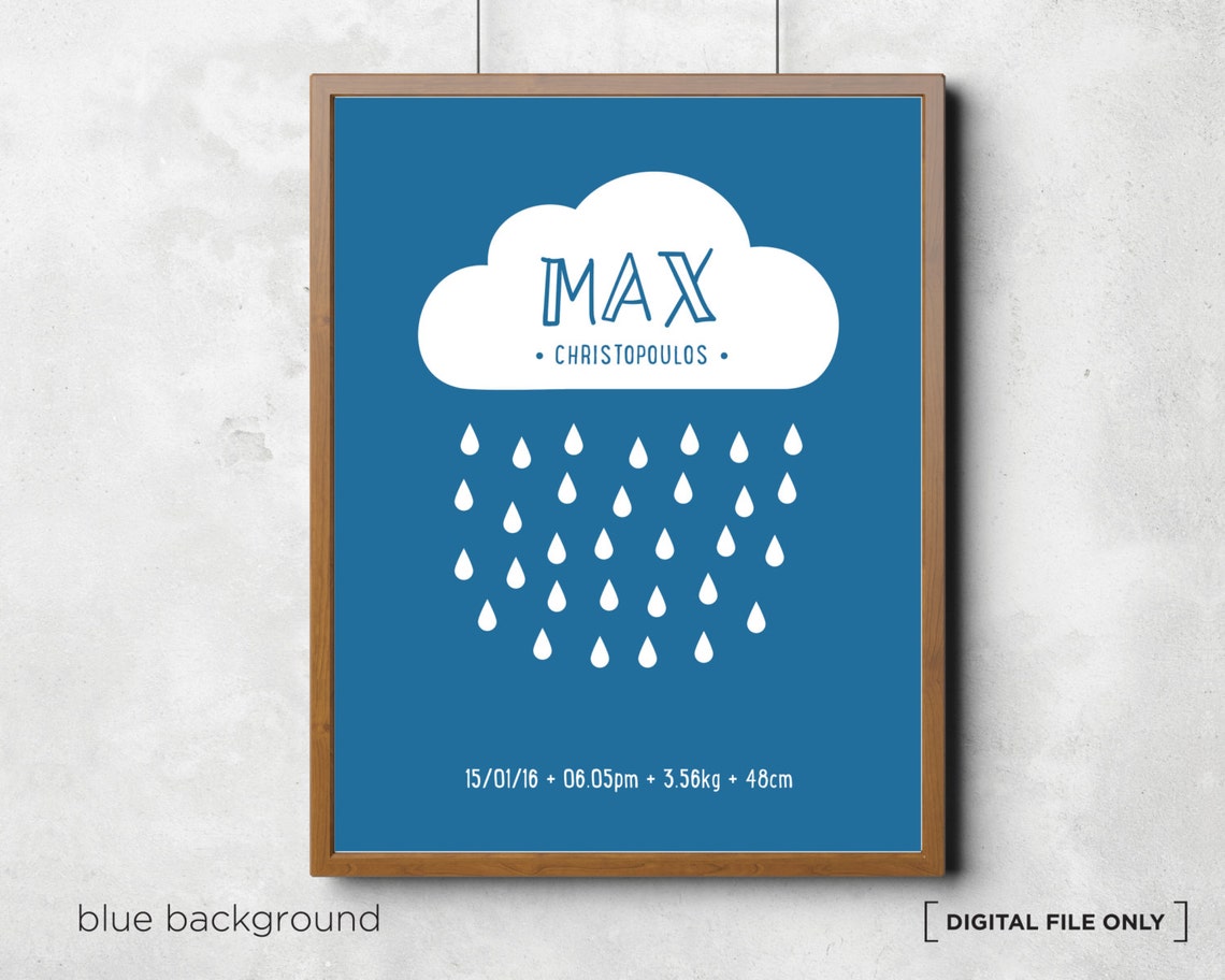 Blue Cloud Rain Birth Stats Personalized Nursery Baby Poster - Image 2