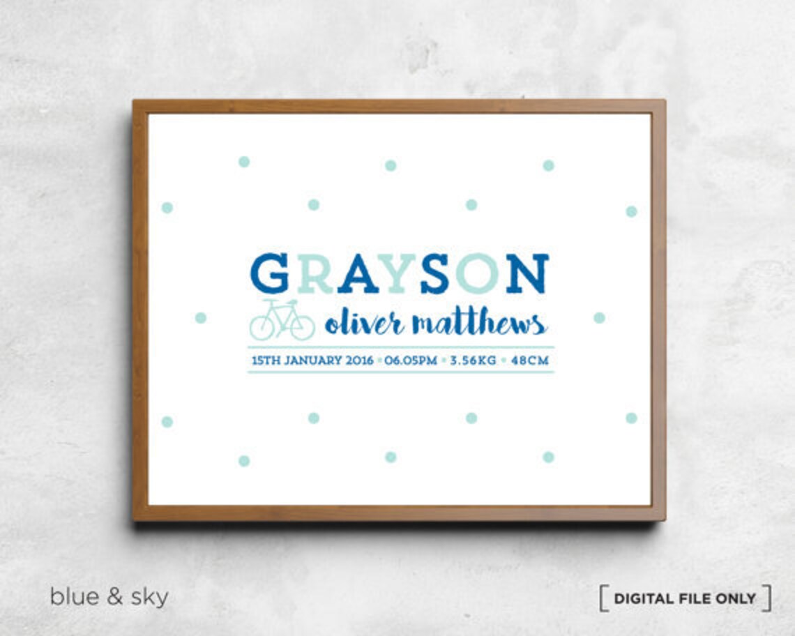 Blue Bicycle Birth Stats Personalized Baby Boy Nursery Poster