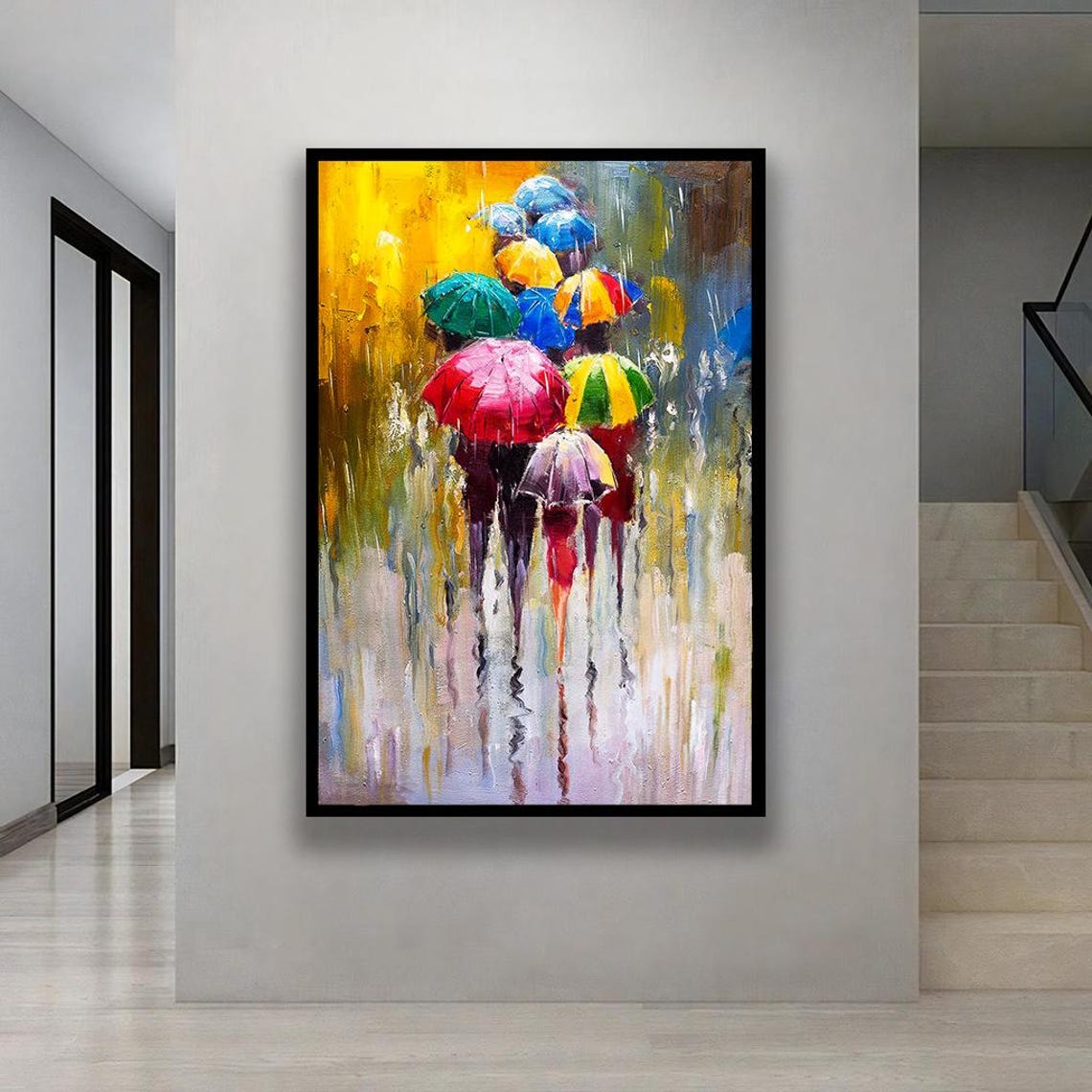 Rainy Day Umbrella Crowd Colorful Modern Abstract Oil Painting Poster