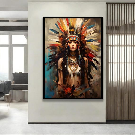 Framed Tribal Woman Art Print Boho Feather Headdress Ethnic Home Decor