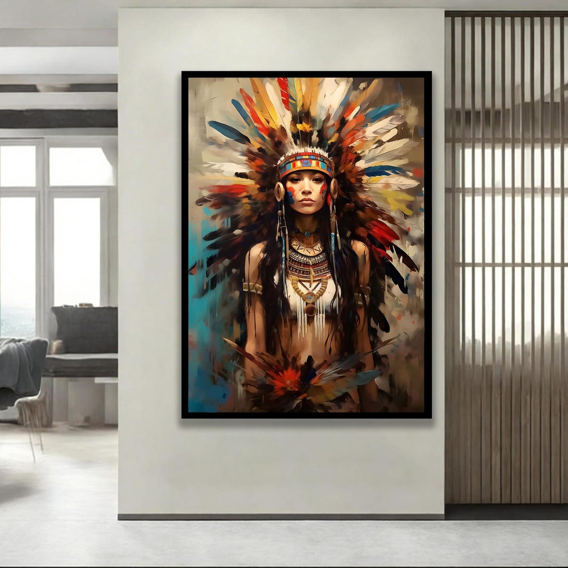 Woman in Feather Headdress Colorful Expressive Portrait Poster