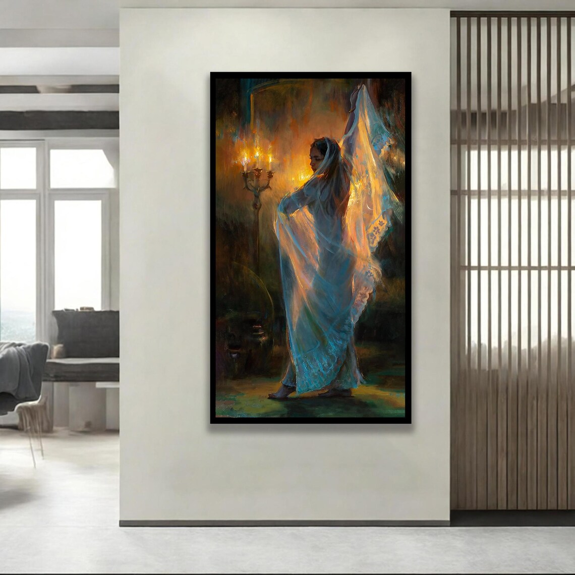 Ethereal Woman Dancing Veil Candlelight Warm Oil Painting Poster
