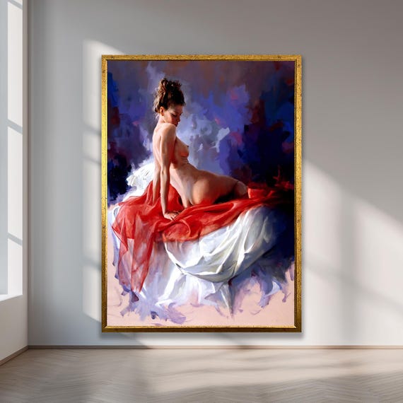 Elegant Nude Woman Canvas Art Red And White Fabric Framed Wall Decor
