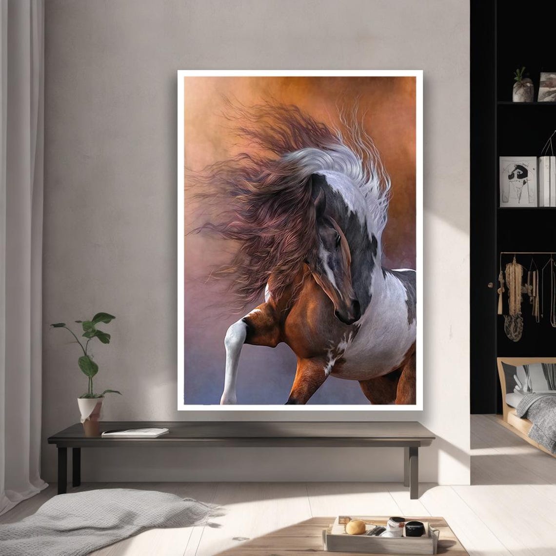 Rearing Wild Pinto Horse Flowing Mane Dramatic Equestrian Poster