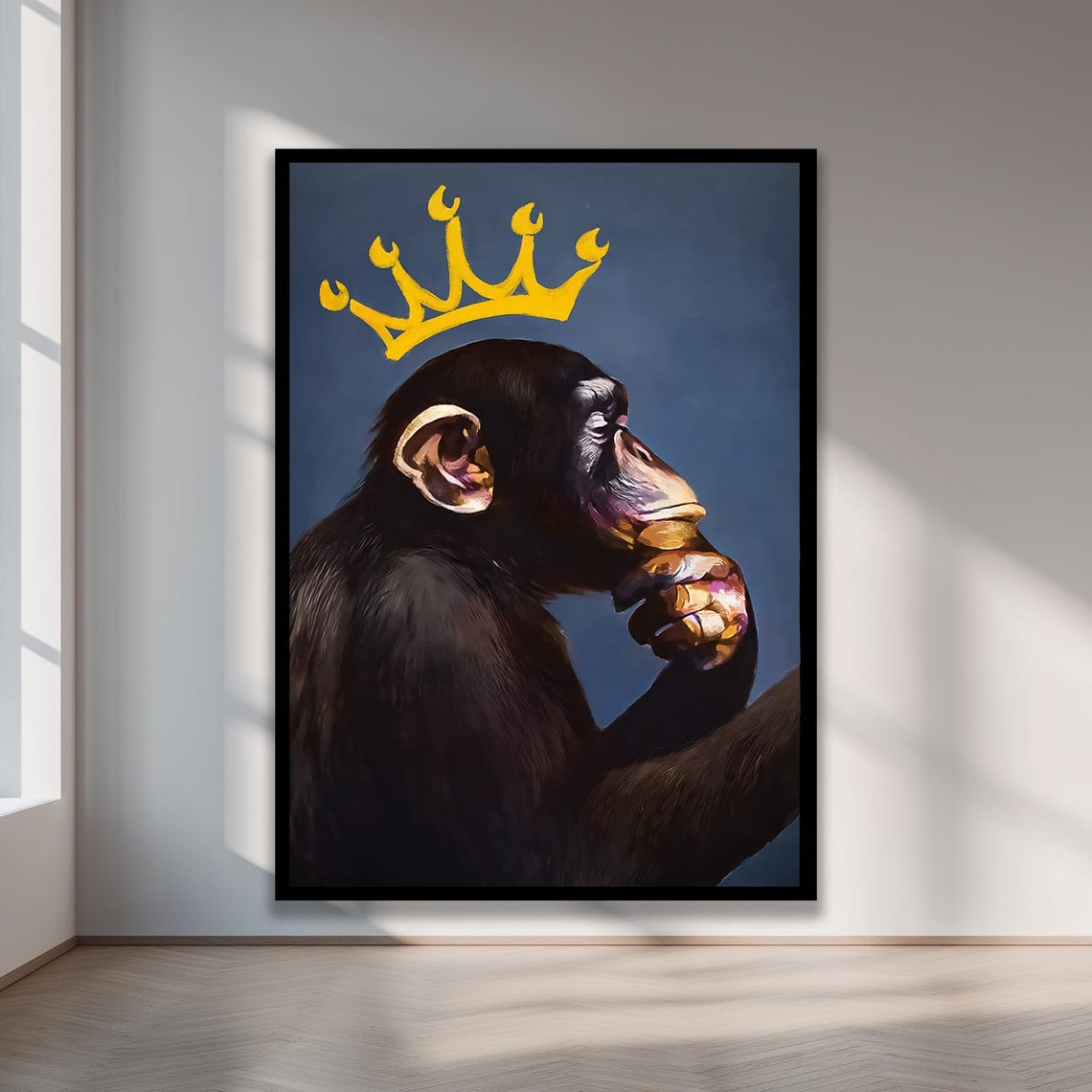 Chimpanzee with Gold Crown Blue Background Whimsical Animal Art Poster