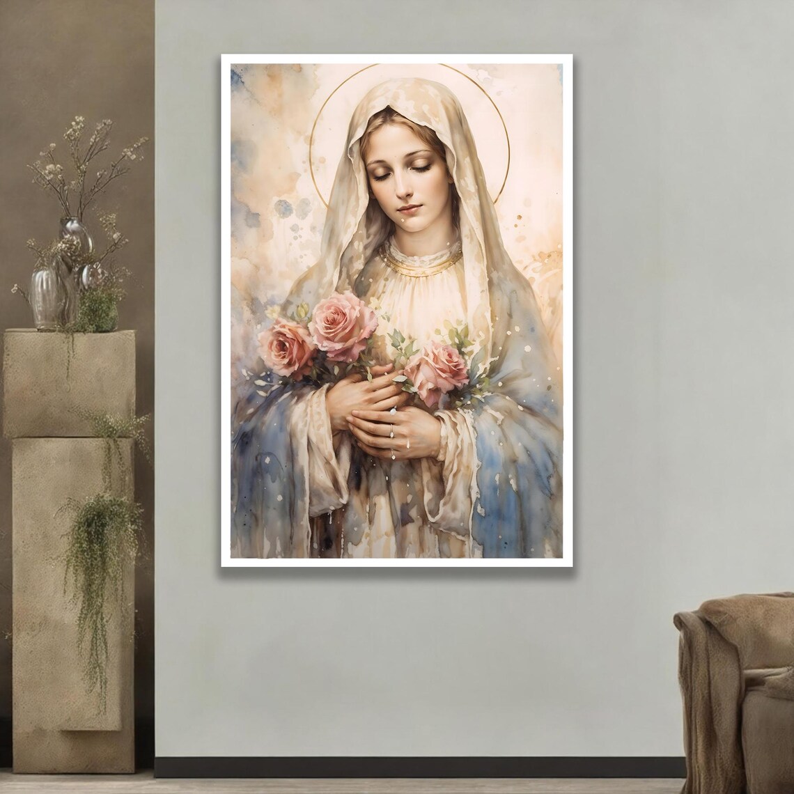Virgin Mary with Roses Soft Religious Halo Portrait Canvas Poster