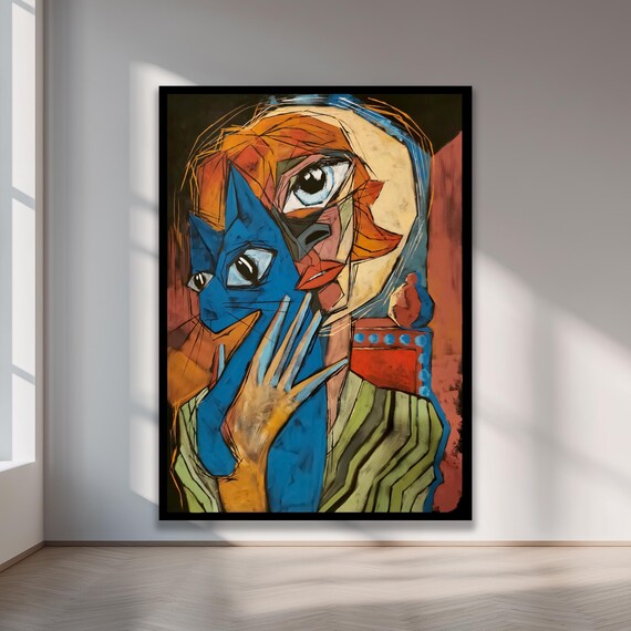 Cubist Woman With Blue Cat Abstract Modern Portrait Painting Poster