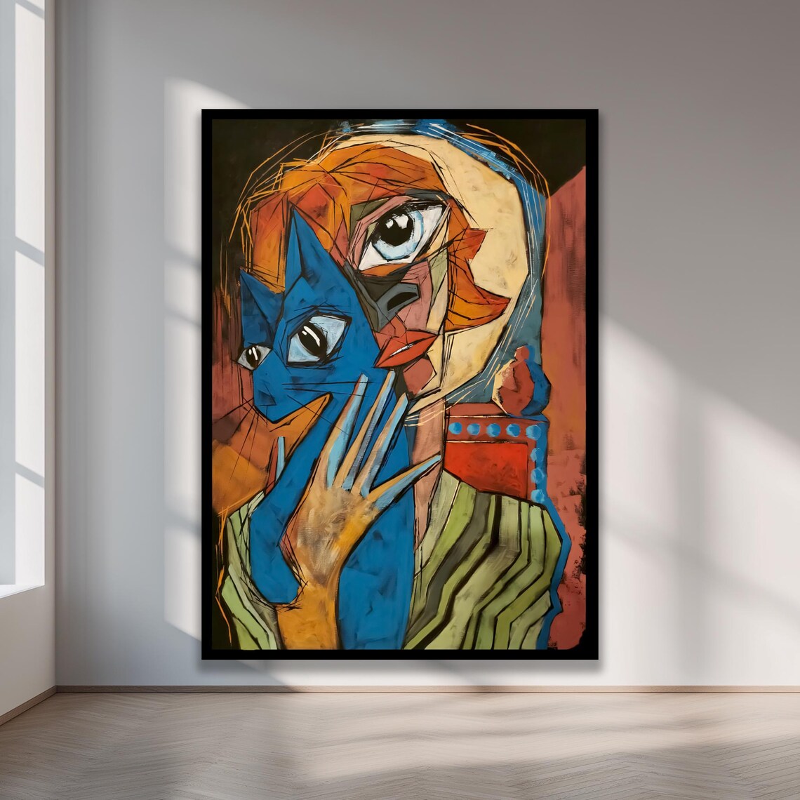 Cubist Woman With Blue Cat Abstract Modern Portrait Painting Poster