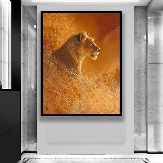 Lioness in Golden Savanna Grass Majestic Big Cat Wildlife Poster Art