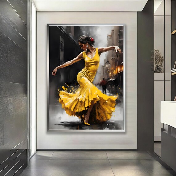 Yellow Flamenco Dancer Wall Art Spanish Dance Painting For Home Decor