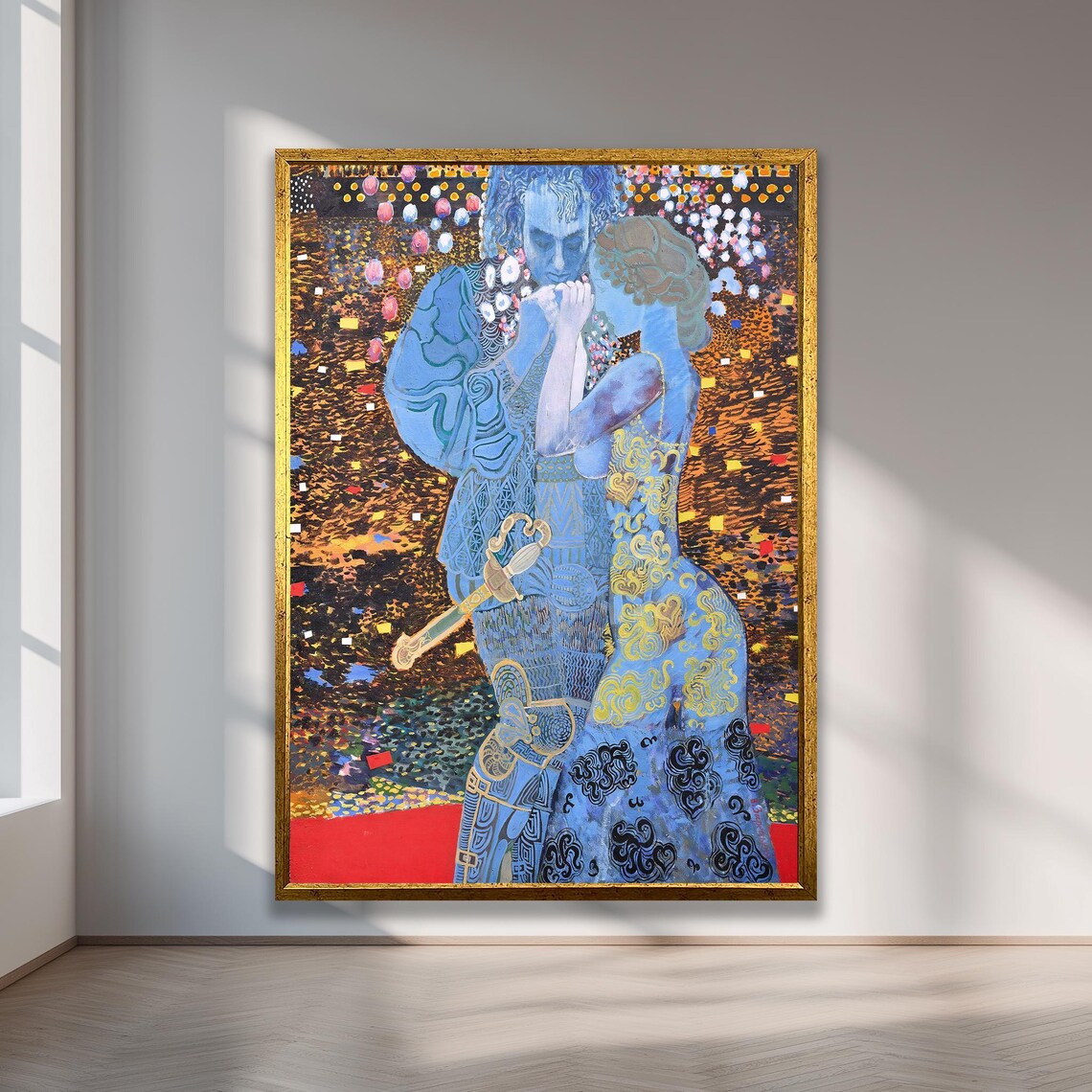 Romantic Embrace Blue Couple Gold Leaf Ornate Nouveau Style Art Print
