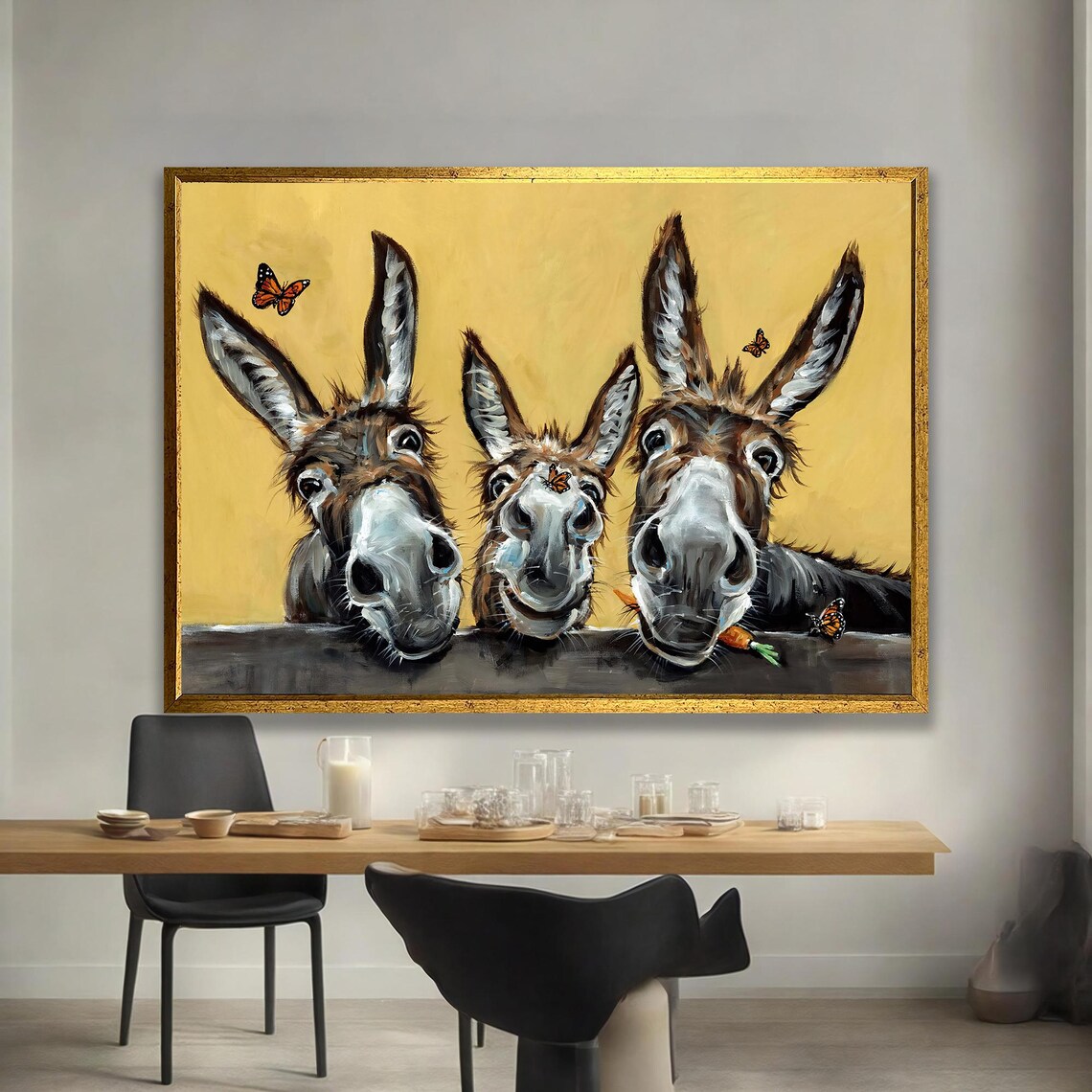 Three Curious Donkeys Whimsical Farm Animal Painting Butterfly Yellow Poster