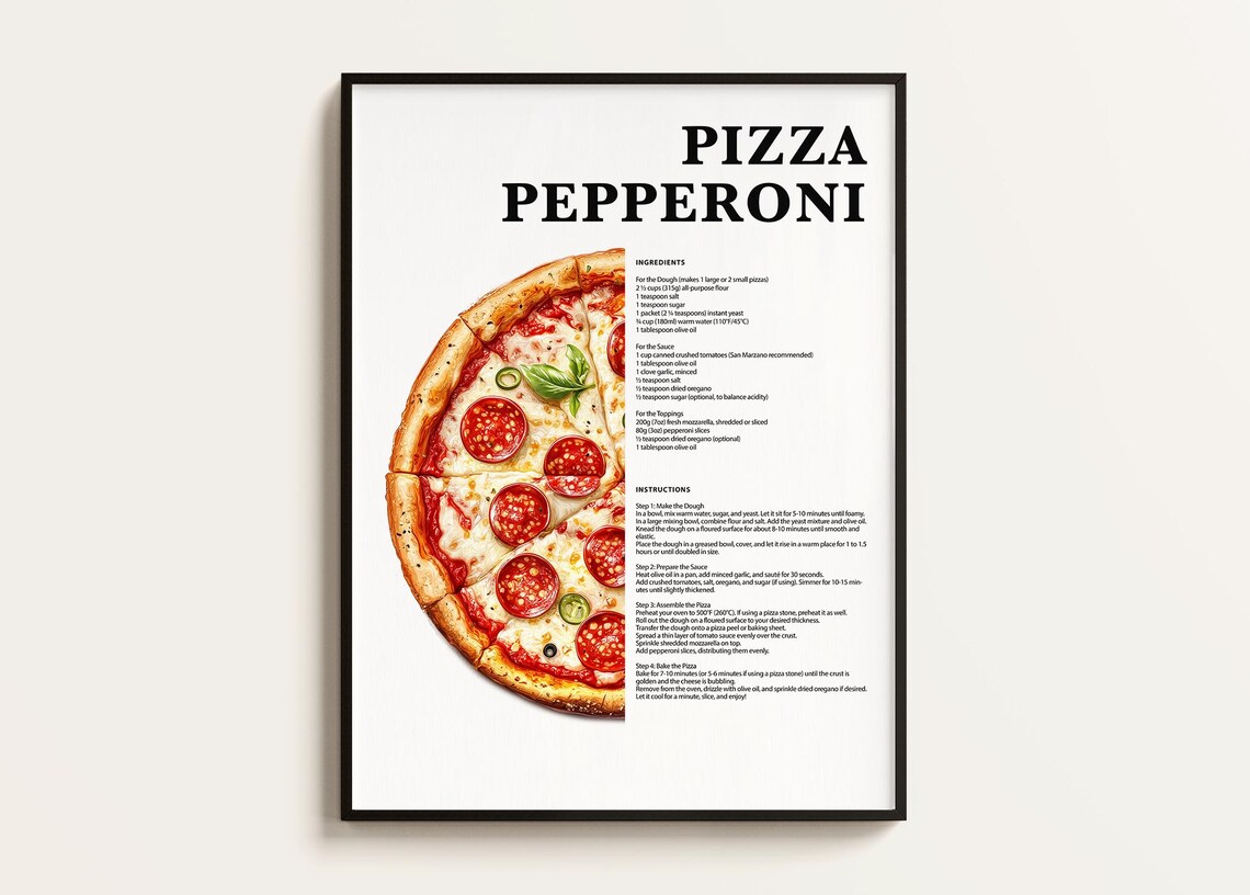 Pizza Pepperoni Recipe Poster, Minimalist Kitchen Decor
