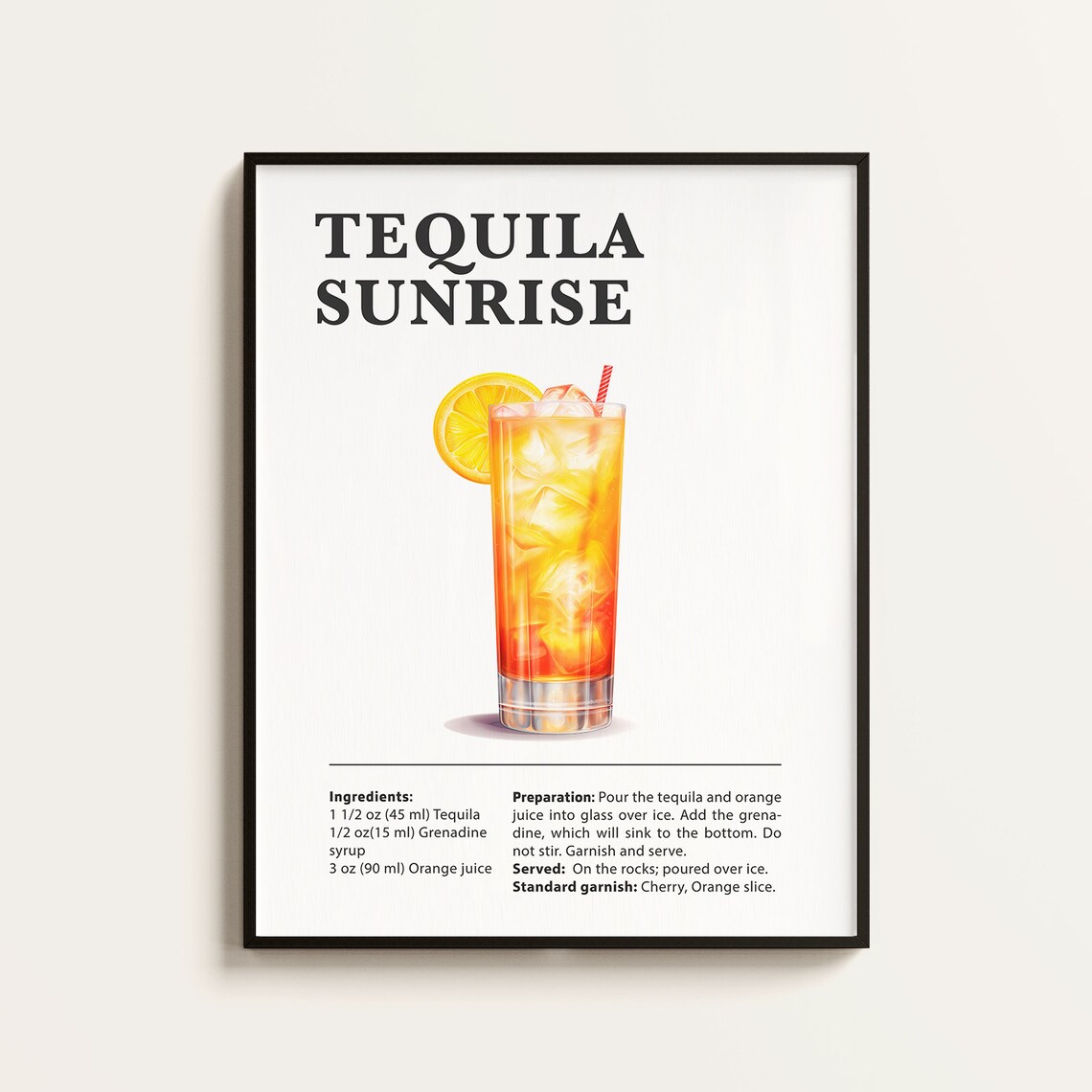Tequila Sunrise Recipe, Cocktail Art Print