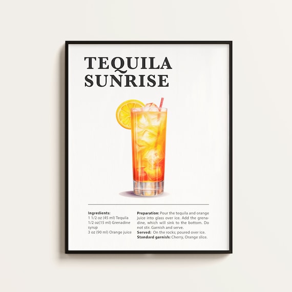 Tequila Sunrise Recipe, Cocktail Art Print