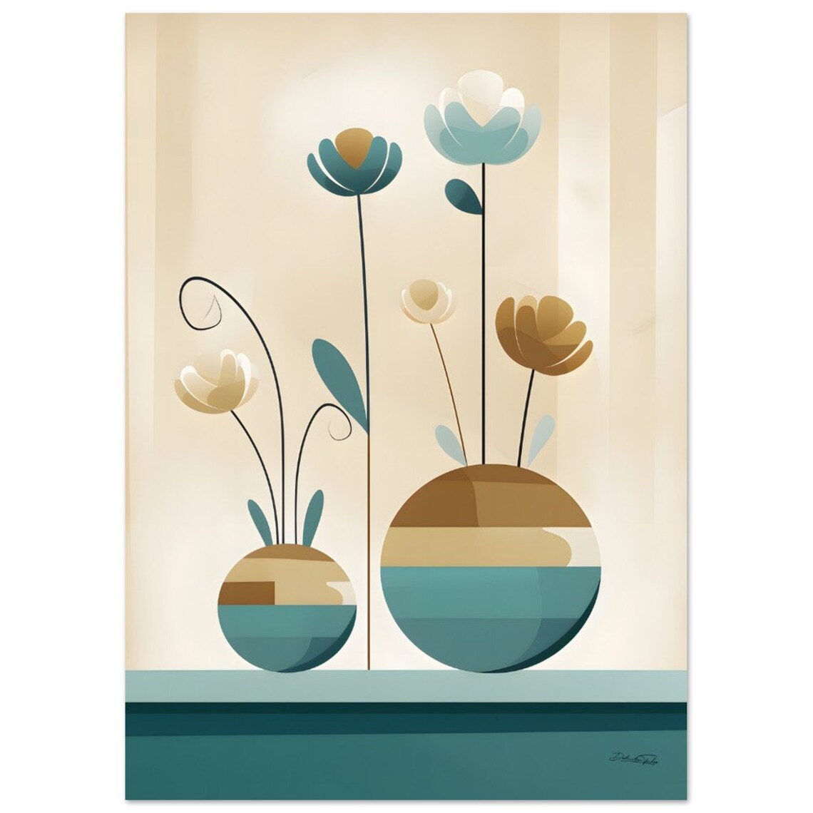 Whimsical Teal Gold Flowers Striped Vases Still Life Wall Decor Poster - Image 3
