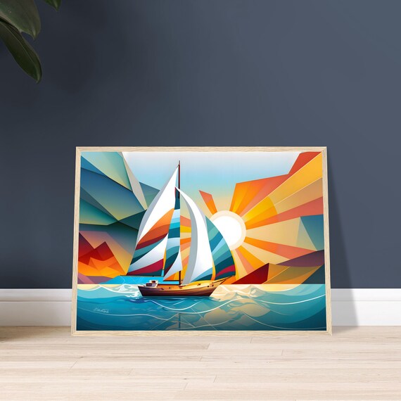 Premium Poster Of A Minimalist And Geometric Style Boat Warm Colors And Abstract Unframed Sailboat Poster Mediterranean Decor