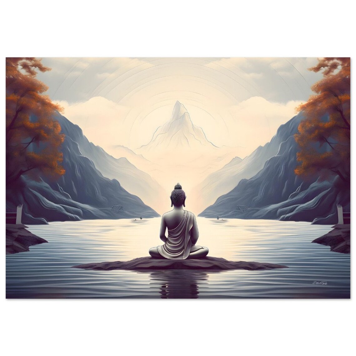 Buddha Meditating Mountain Lake Zen Peaceful Landscape Art Poster - Image 3