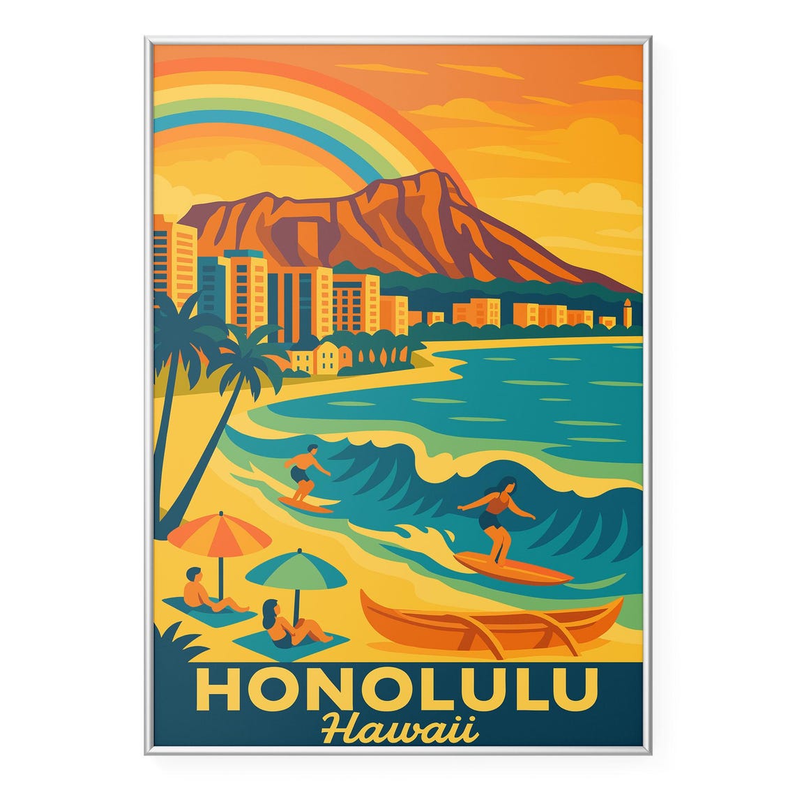 Honolulu Hawaii Waikiki Surf Diamond Head Rainbow Travel Poster