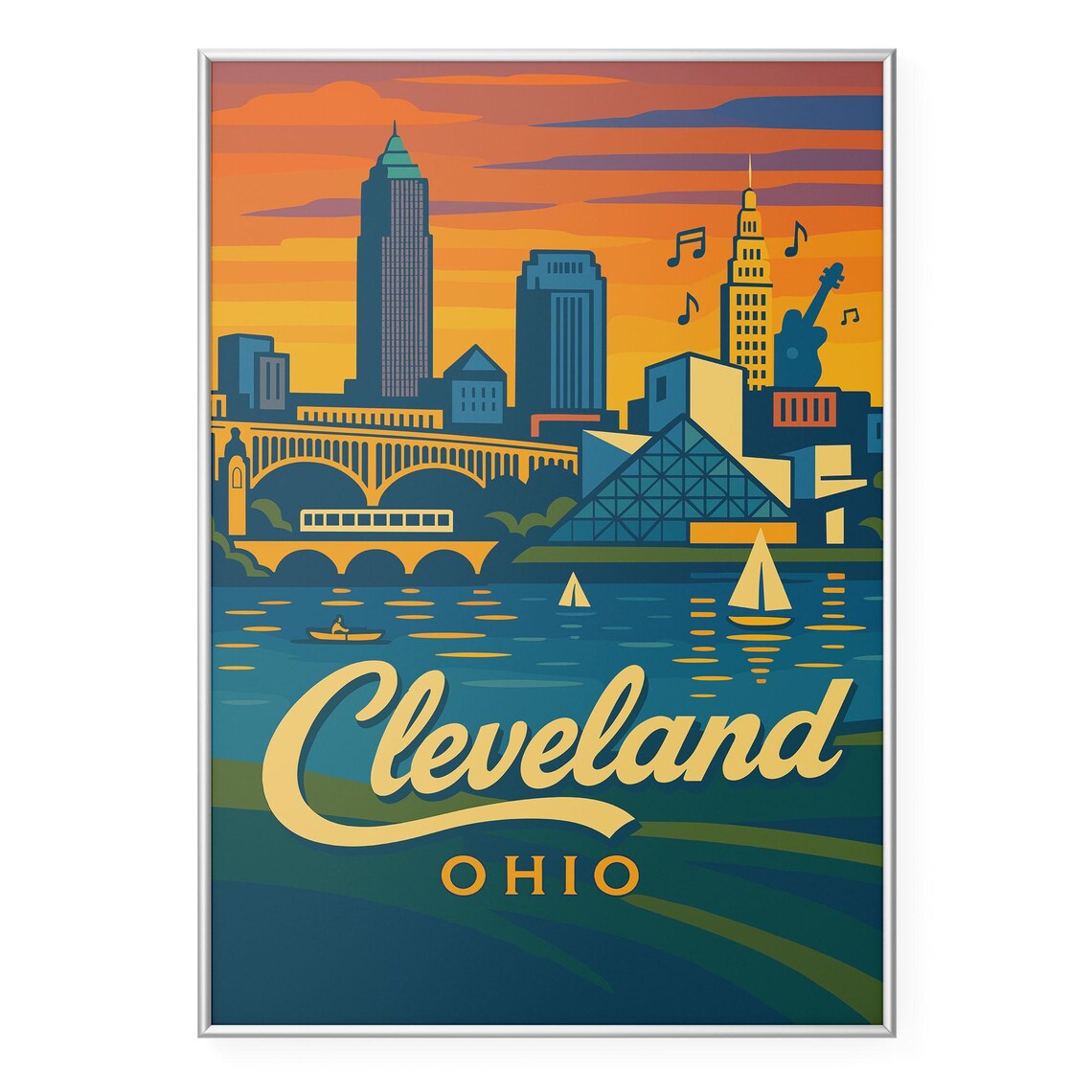 Cleveland Ohio Sunset Skyline Retro Travel Poster Rock Music Art