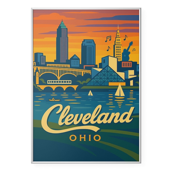 Cleveland Ohio Sunset Skyline Retro Travel Poster Rock Music Art