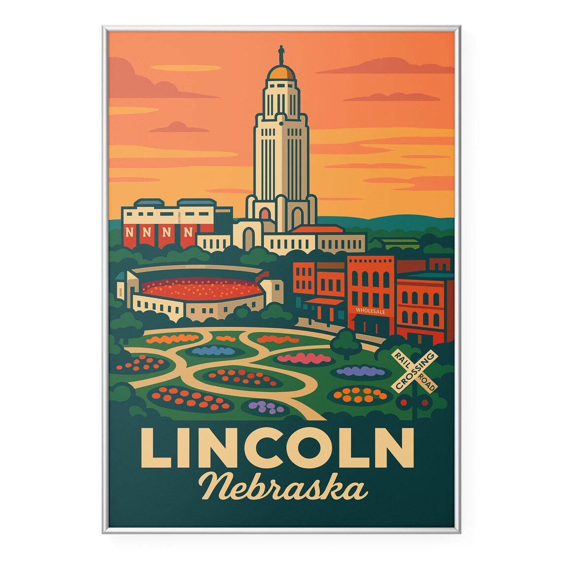 Lincoln Nebraska Sunset Travel Poster with Capitol and Sunken Gardens