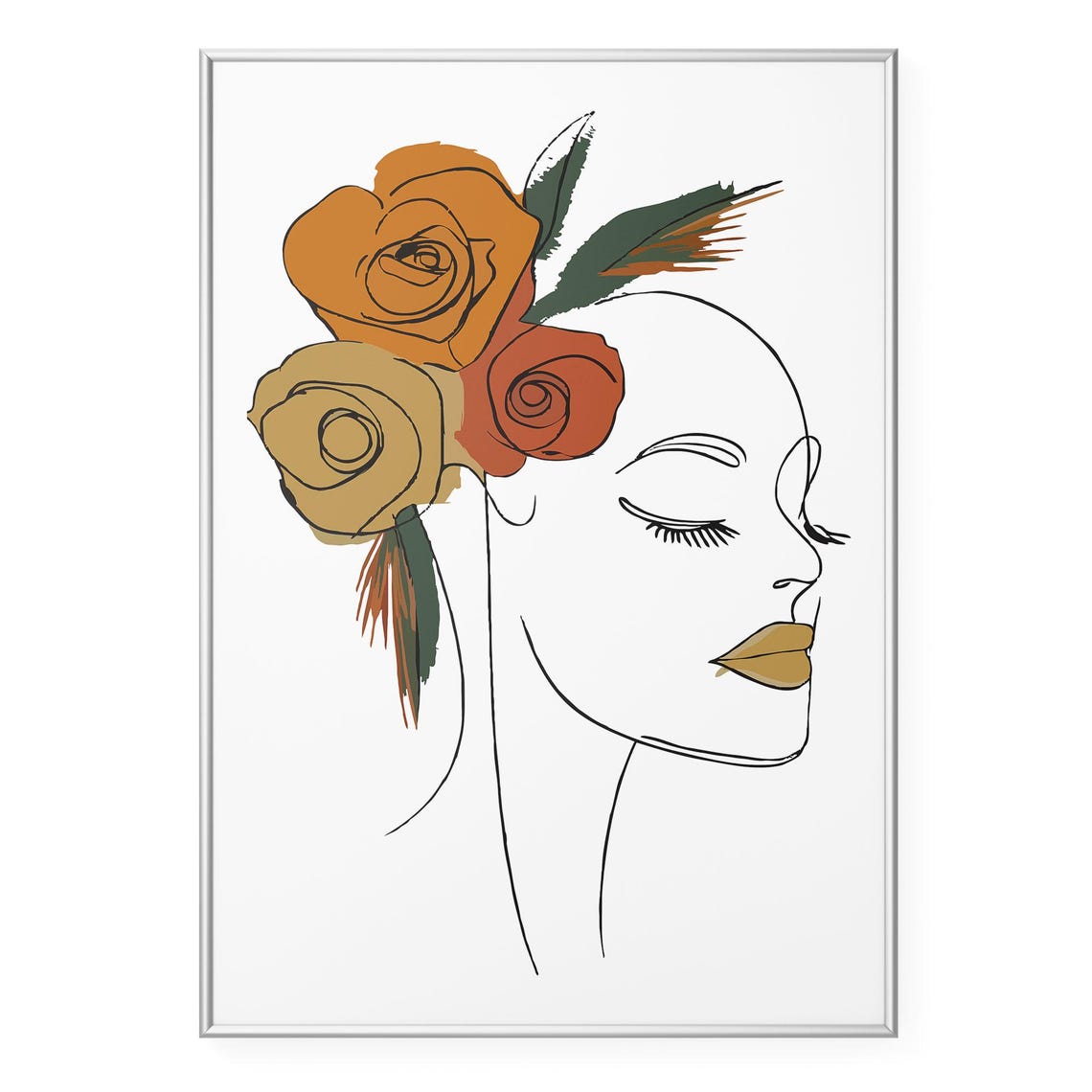 Boho Woman Profile Line Art Orange Roses Hair Botanical Print
